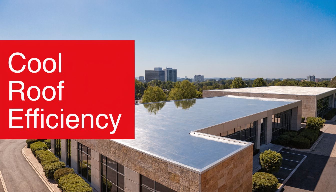 A modern commercial building featuring a reflective cool roof system against a clear blue sky background.