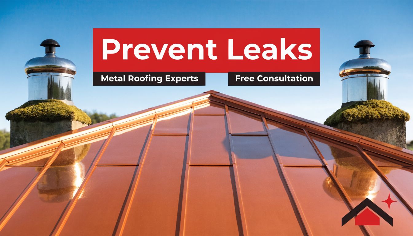 A close-up of a new copper metal roof with chimneys, promoting professional leak prevention services.