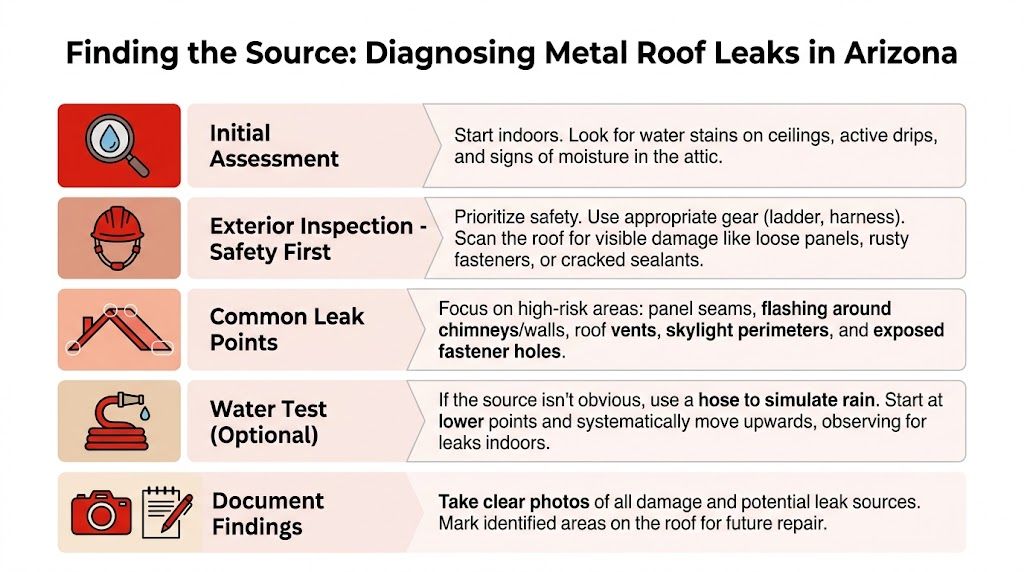 An infographic titled Finding the Source Diagnosing Metal Roof Leaks in Arizona offering five steps for inspection.