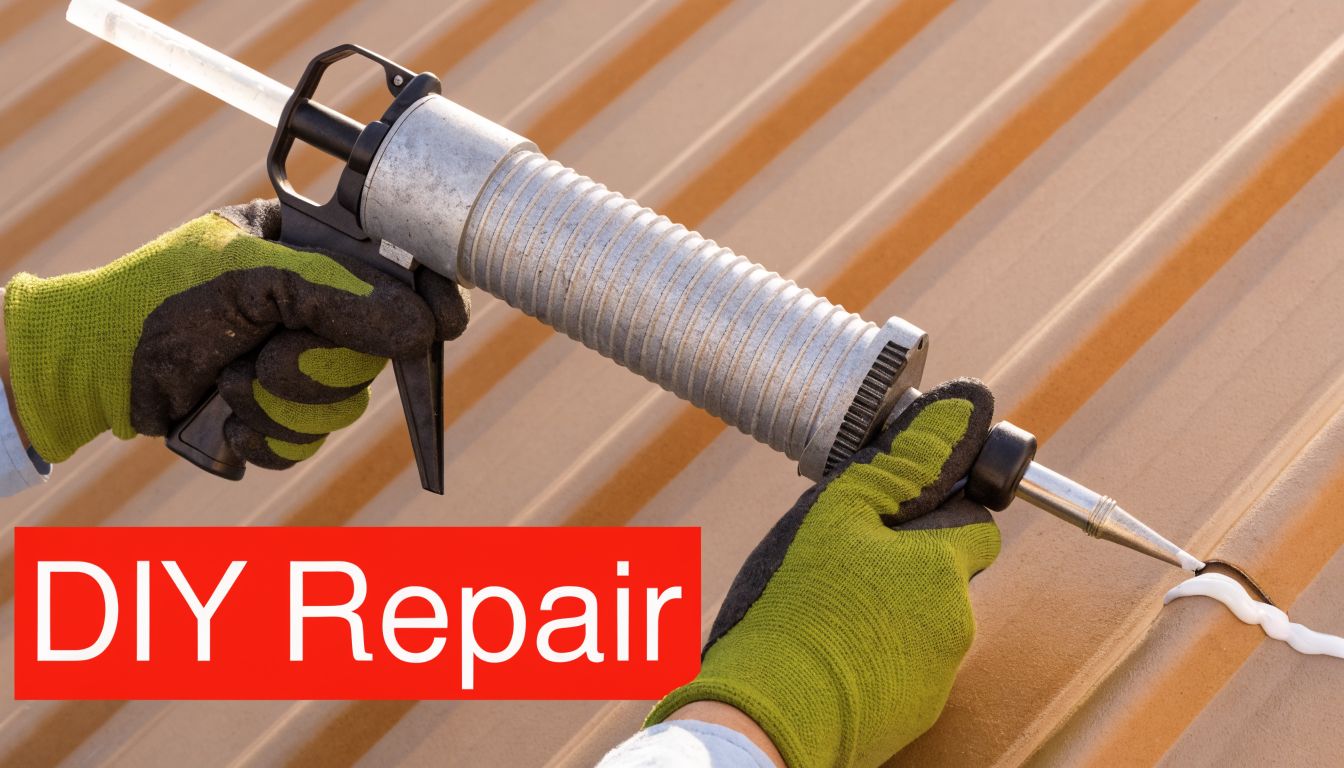 A person wearing protective gloves applies sealant to a metal roof seam using a caulking gun.