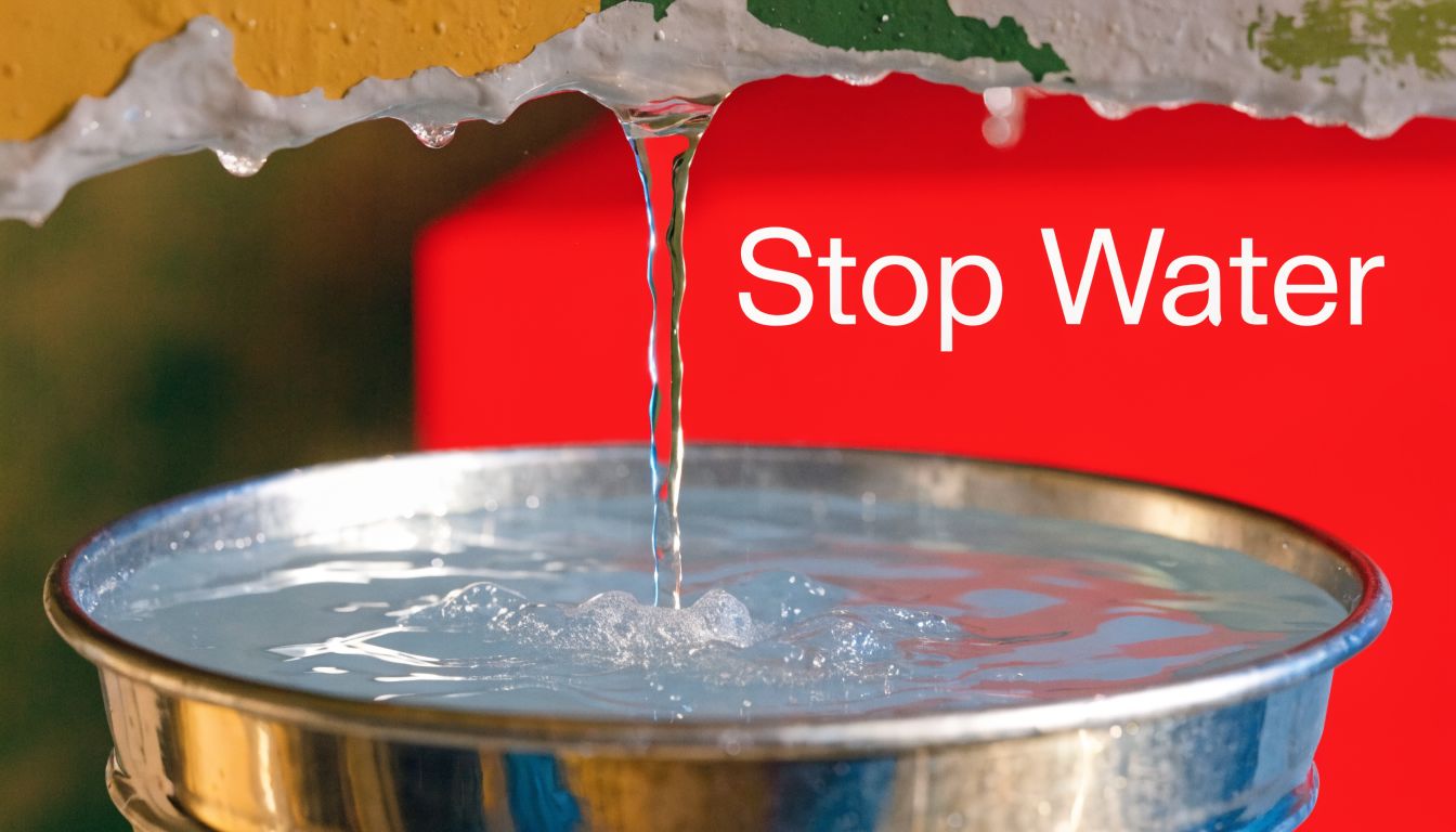 A close-up of water dripping from a leaking metal roof into a metallic bucket below.