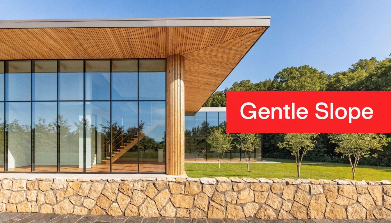 A modern building with a low slope metal roof, glass walls, and a stone retaining wall in front.