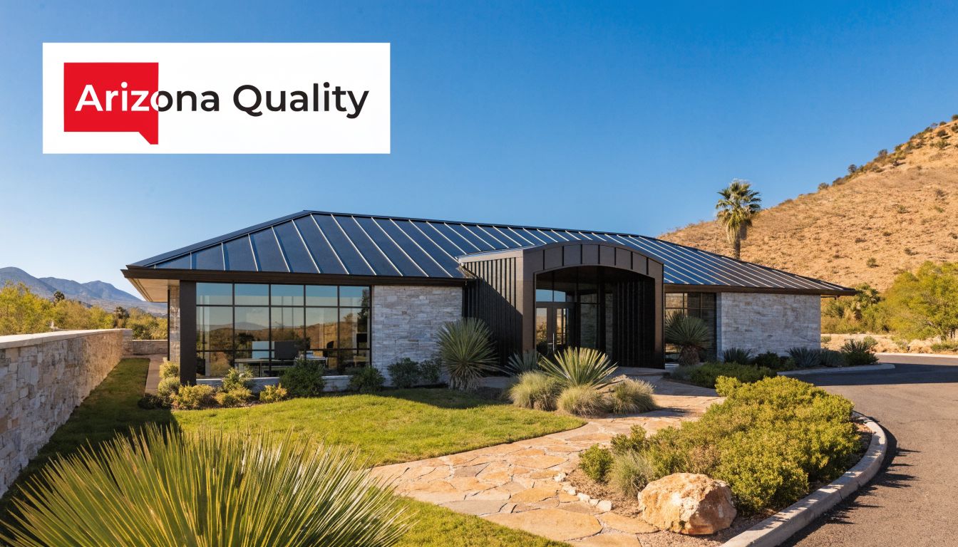 A modern commercial building featuring a dark low slope metal roof set in a desert landscape.