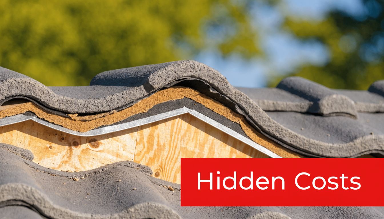A close-up cross-section view of a roof structure showing tiles, insulation, and wood support layers.
