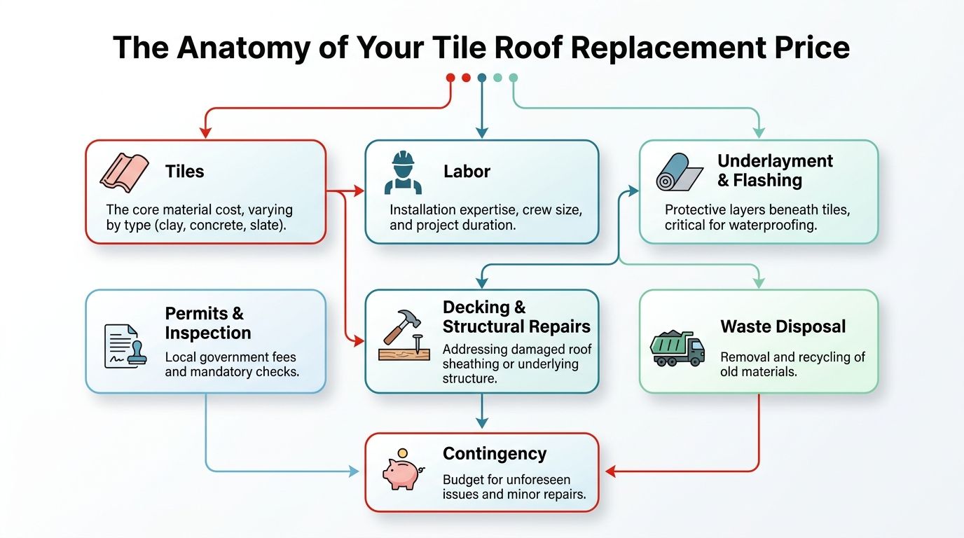 An infographic diagram explaining the breakdown of factors affecting the price of a tile roof replacement project.