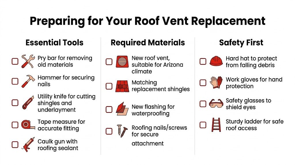 A checklist infographic detailing the essential tools, materials, and safety equipment needed for roof vent replacement projects.
