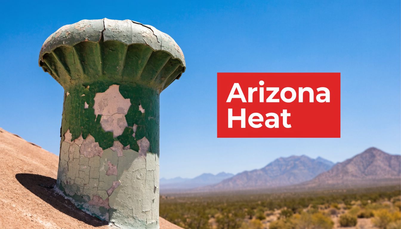 An old, weathered roof vent with peeling green paint against a clear blue Arizona desert landscape background.