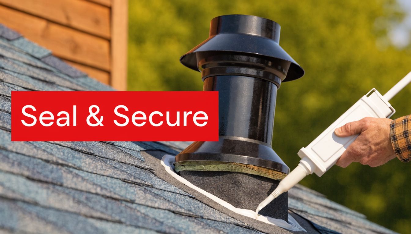A hand using a caulk gun to apply sealant around the base of a roof vent pipe.