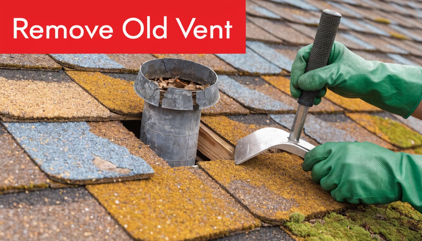 A gloved hand uses a metal tool to pry up old asphalt shingles around a roof vent.