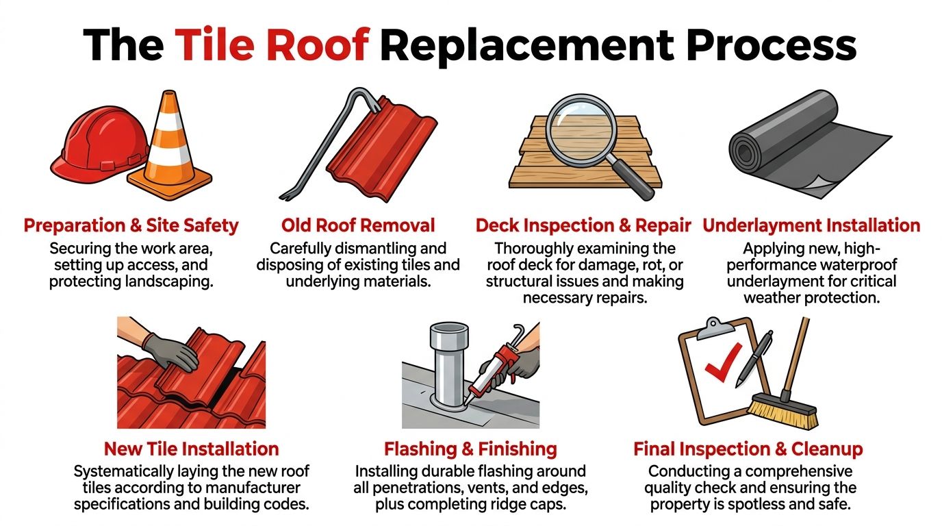 An infographic showing the seven steps involved in the process of replacing a tile roof.