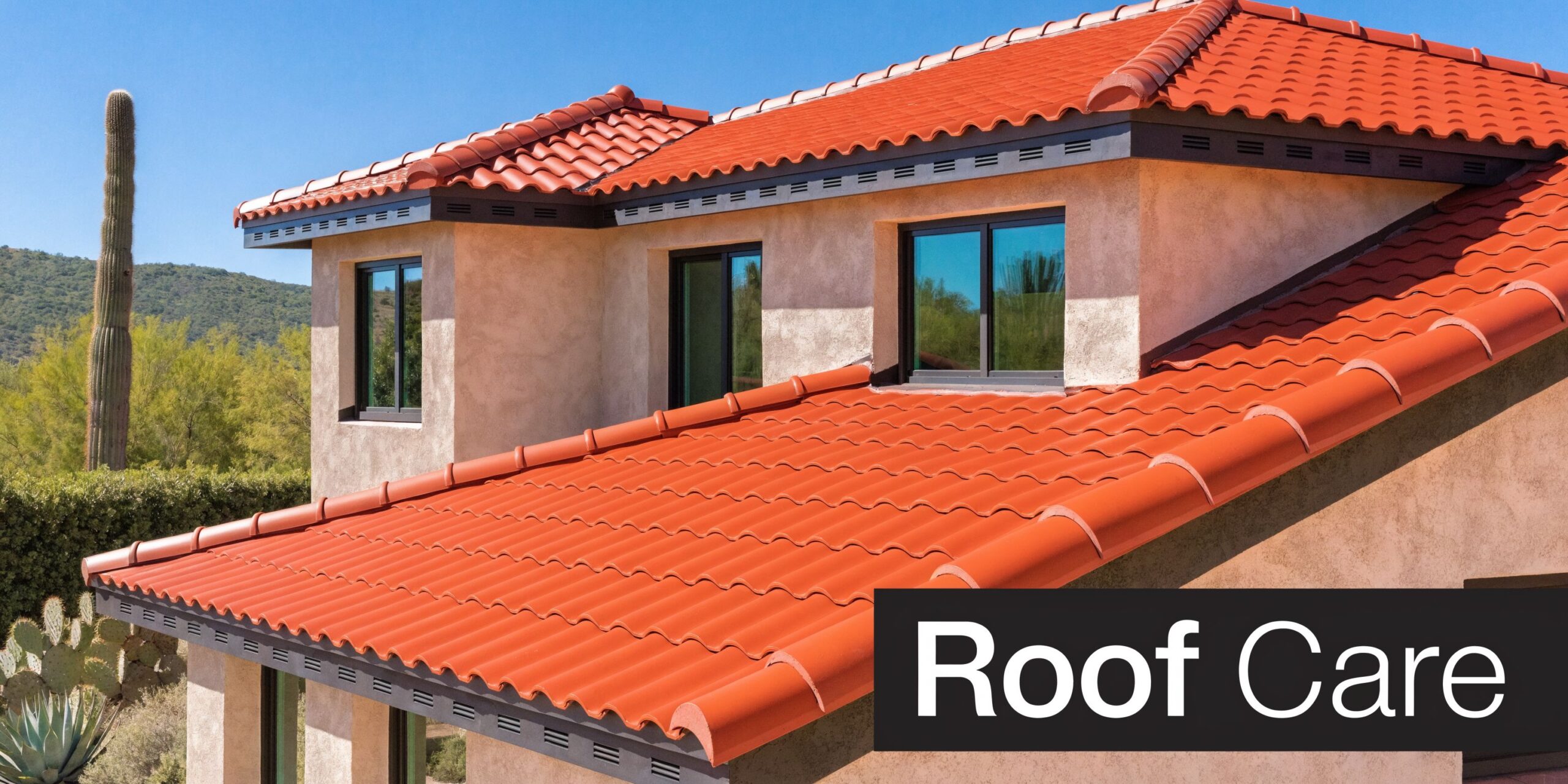 A house with a vibrant red clay tile roof and a desert landscape in the background.