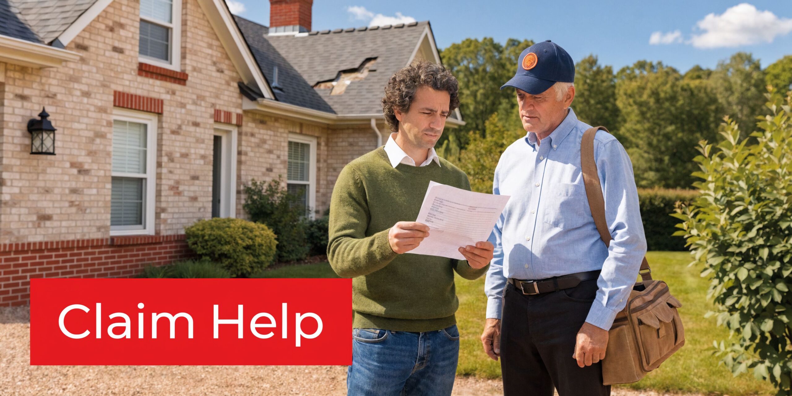 A home insurance adjuster reviewing paperwork with a homeowner in front of a house with roof damage.