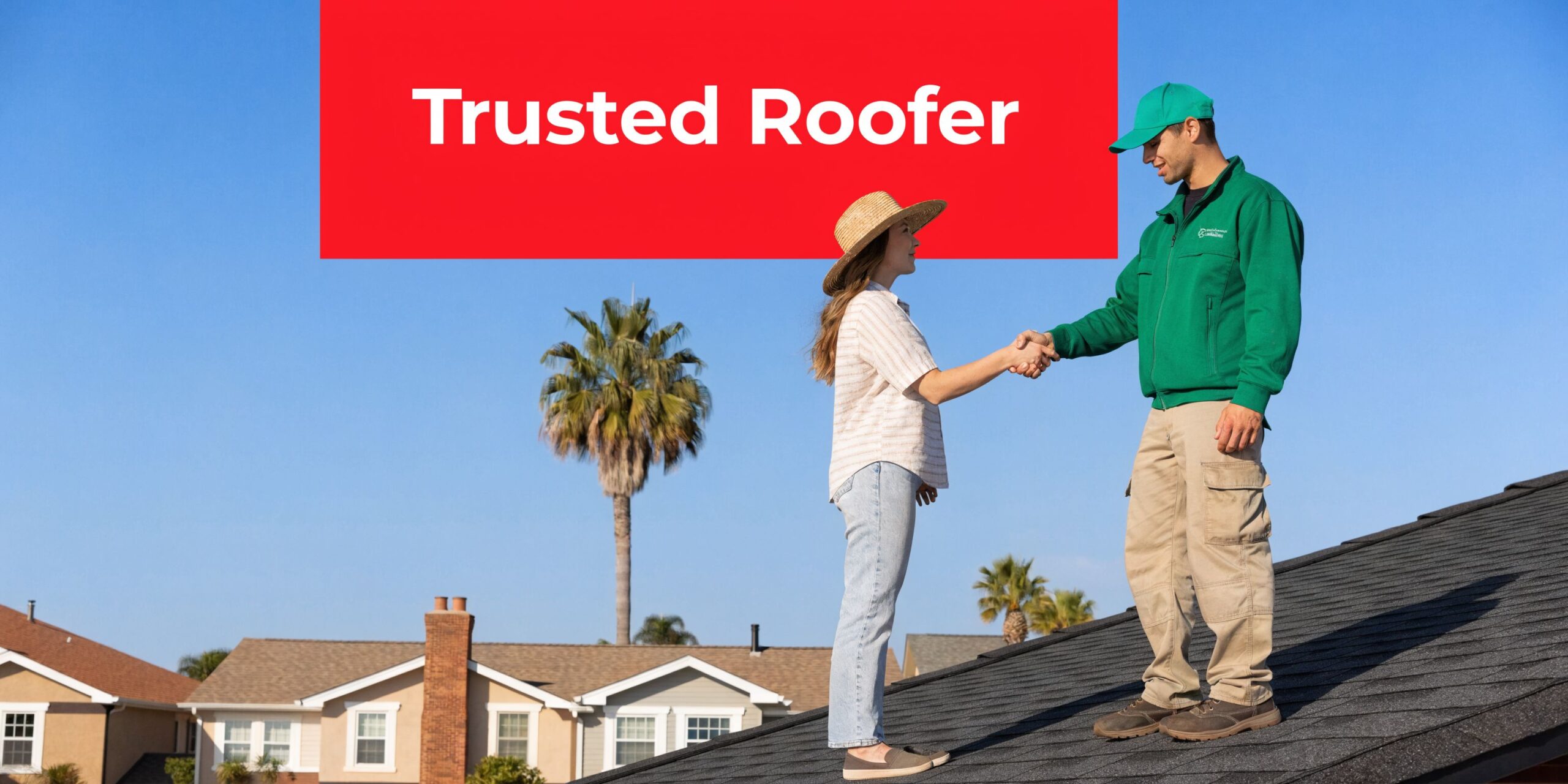 A professional roofer in a green uniform shakes hands with a homeowner on a residential roof.