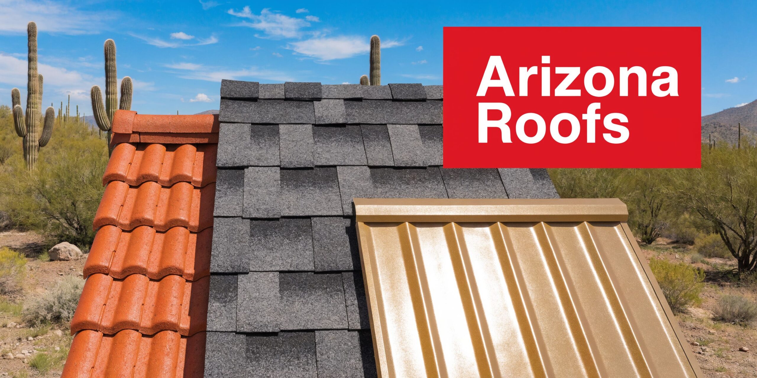 Three different types of residential roofing materials showcased outdoors against an Arizona desert landscape backdrop.