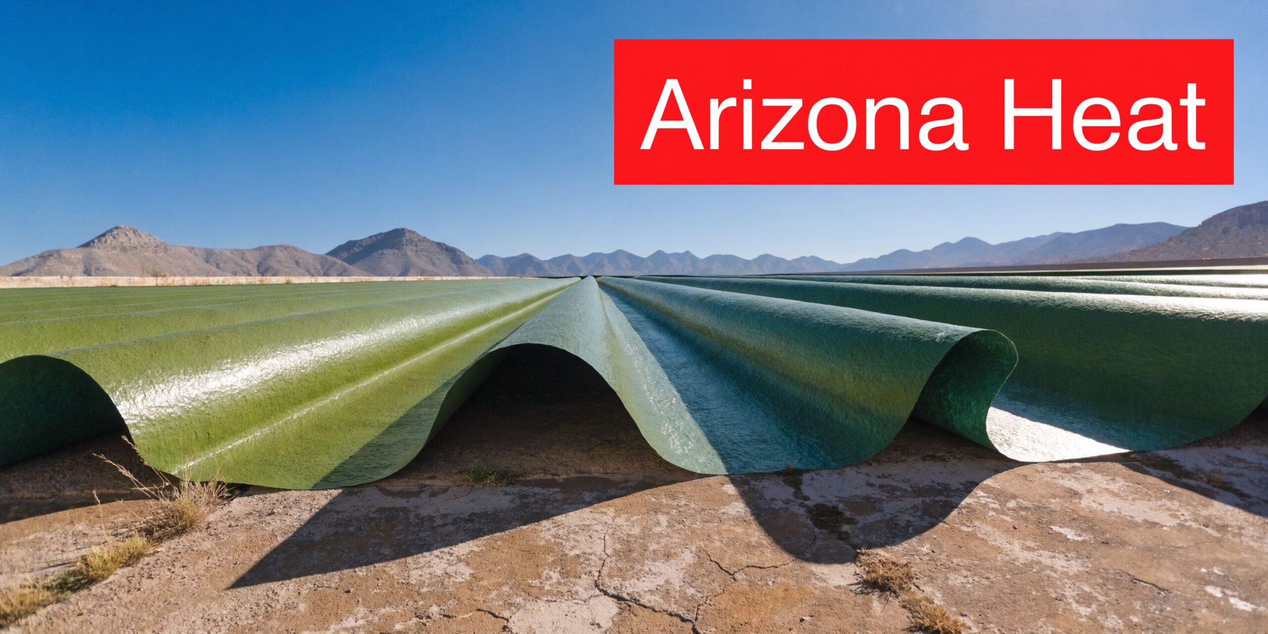 A large roll of green roofing material spread across a dry desert landscape under a clear sky.