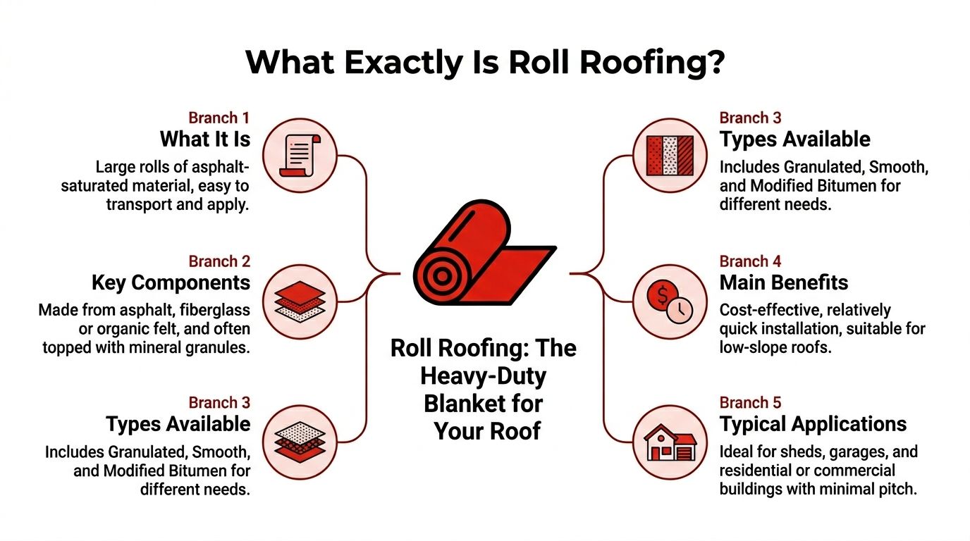An infographic titled What Exactly Is Roll Roofing detailing its components, types, benefits, and common applications.