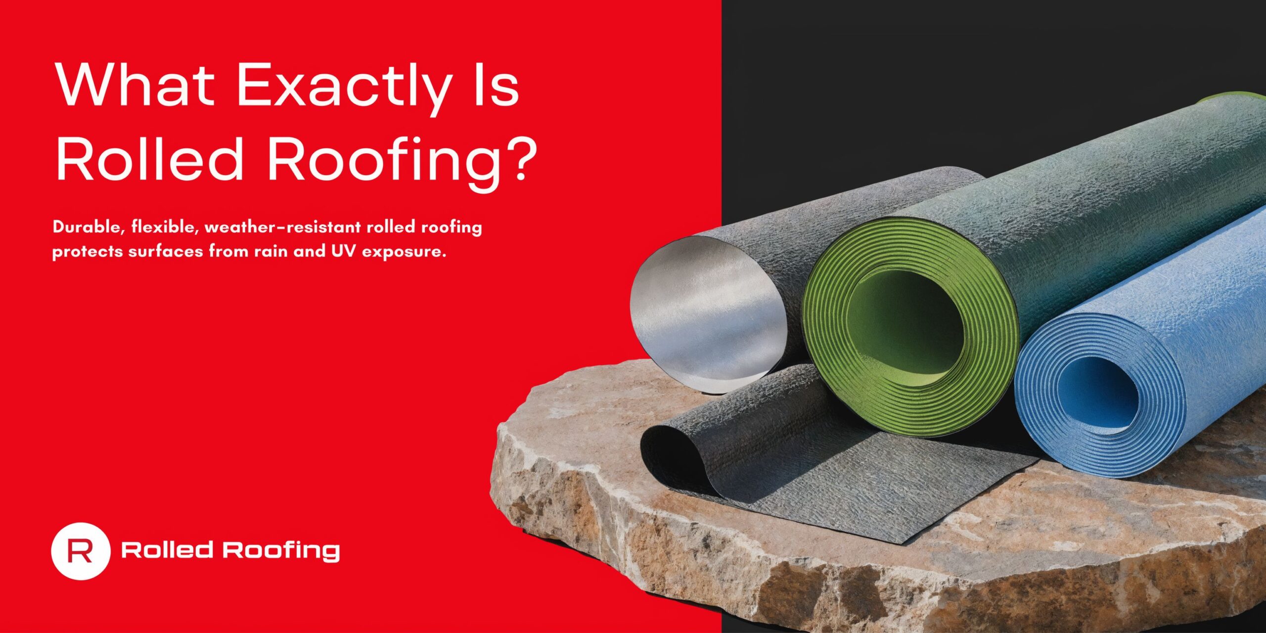 A stack of various colorful rolled roofing materials resting on a large flat natural stone surface.