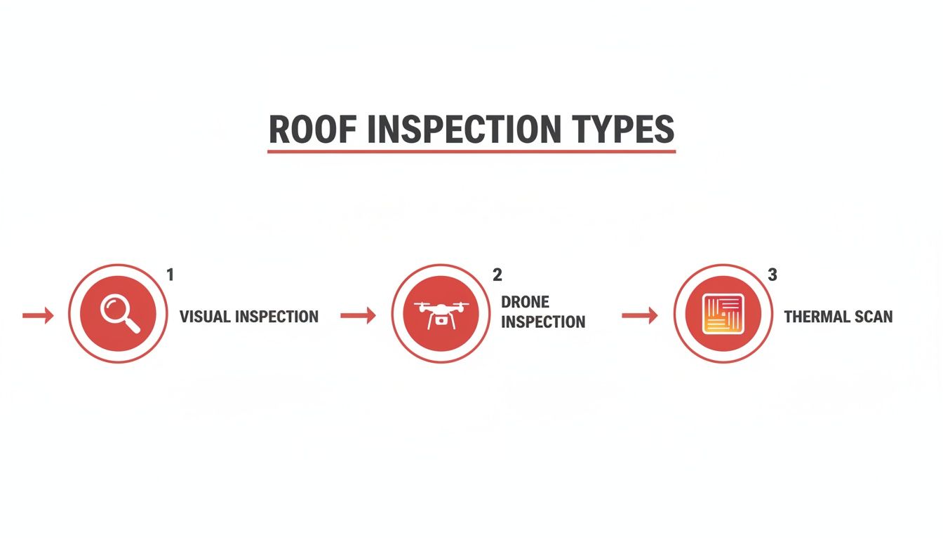 An infographic illustrating three types of roof inspections: visual, drone, and thermal scan, with corresponding icons.
