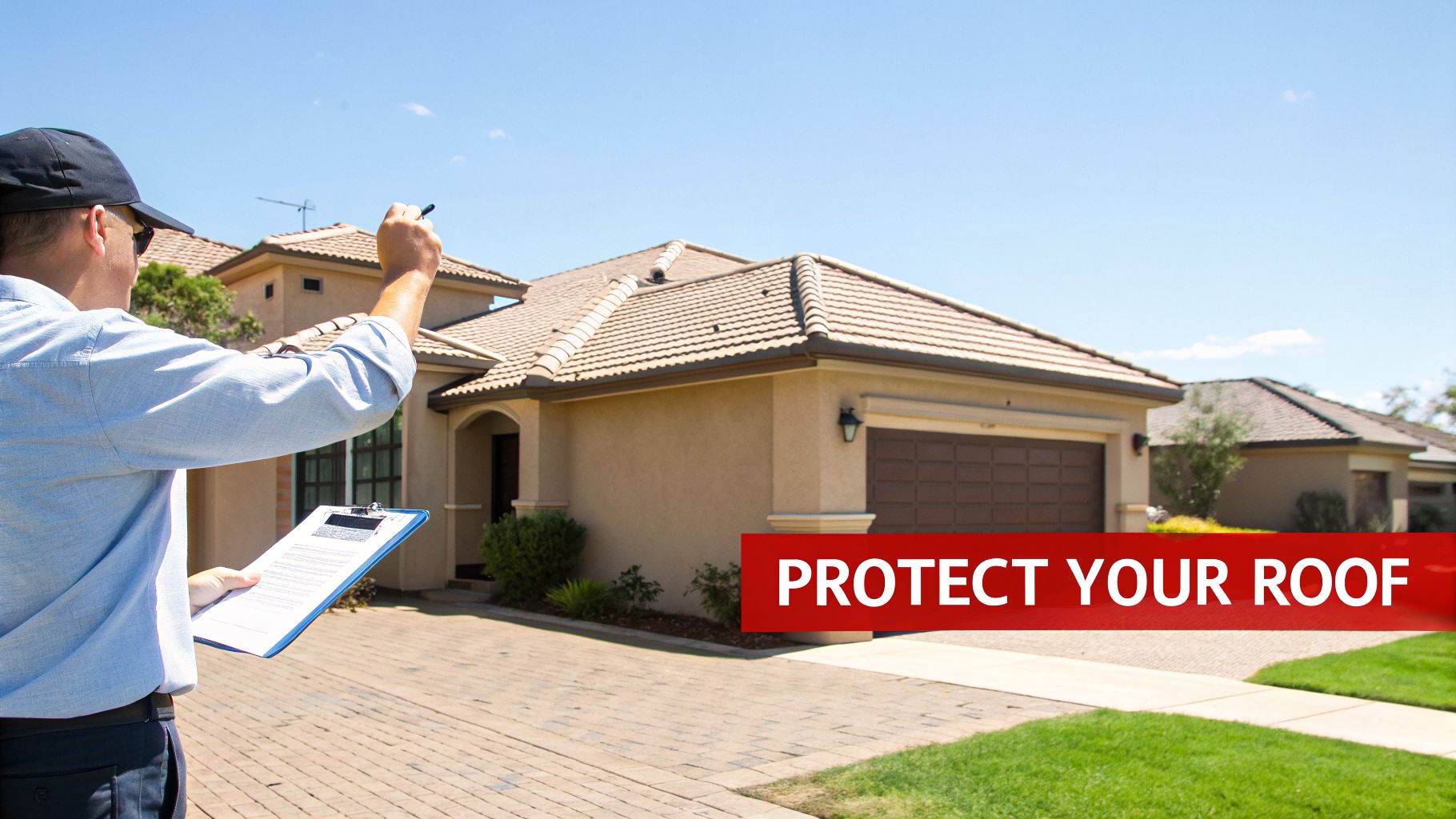 A professional inspector points at a house's tiled roof, holding a clipboard, promoting roof protection.