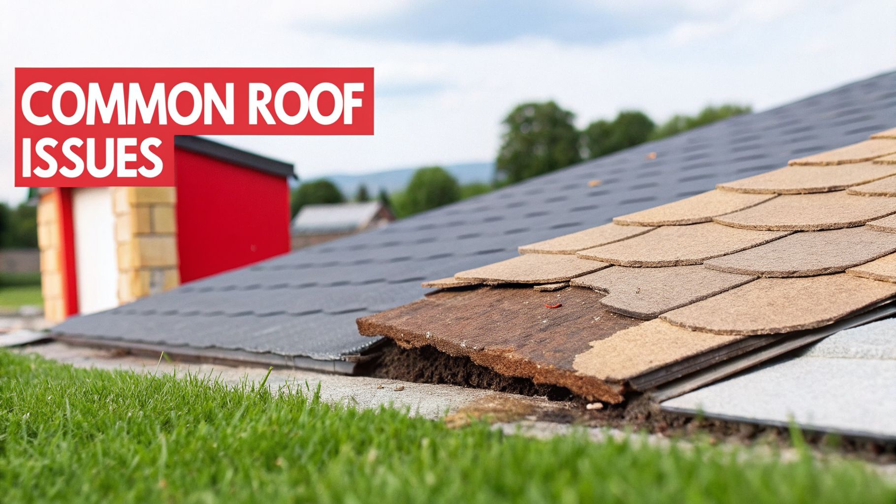 Close-up of a damaged roof with lifted shingles, revealing exposed underlayment and common roof issues.