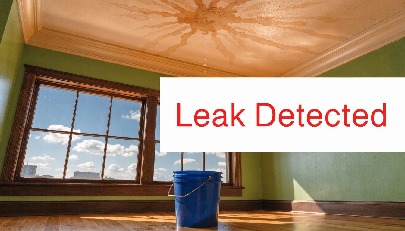 A blue bucket catches water dripping from a large, circular brown water stain on a ceiling.