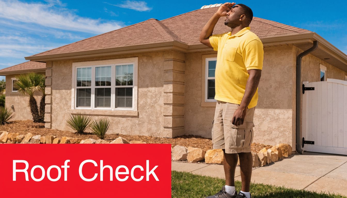 A man in a yellow shirt standing in front of a residential house looking up at the roof.