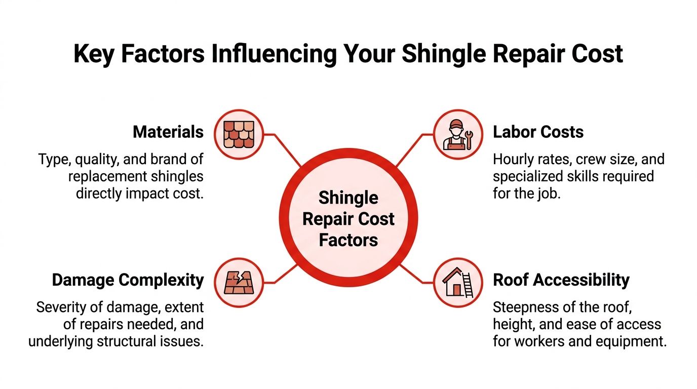 A diagram outlining the four key factors influencing shingle repair costs, including materials, labor, damage complexity, and accessibility.