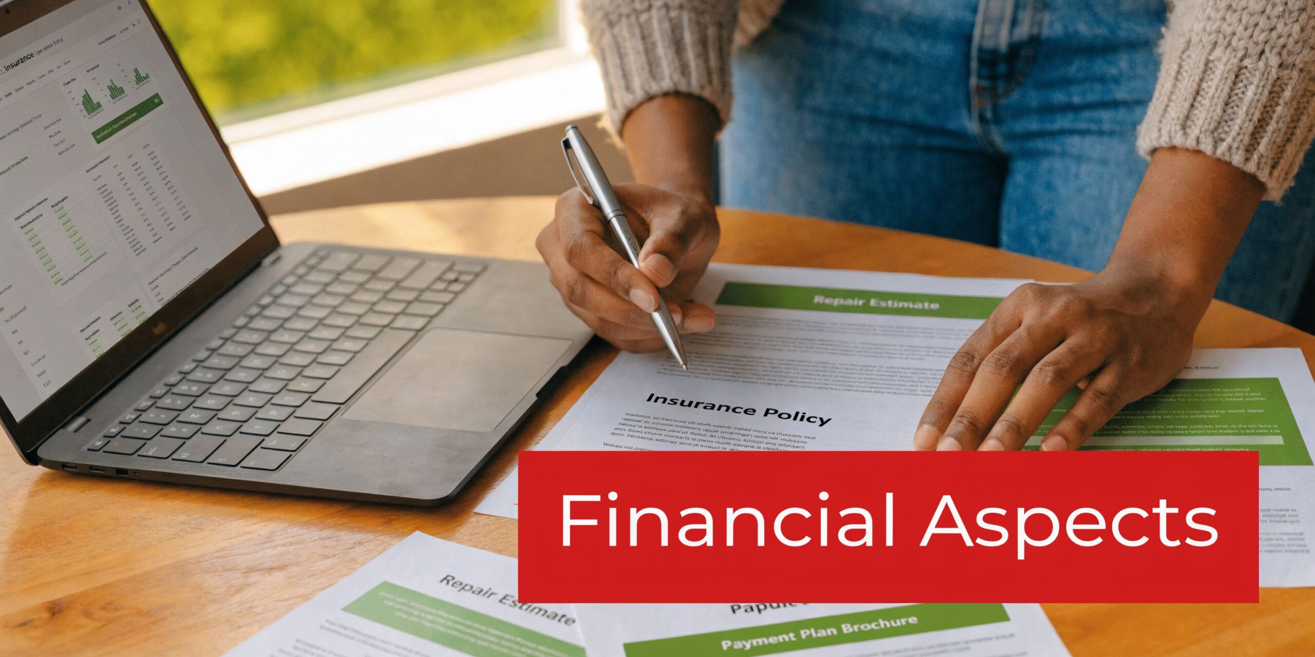 A professional reviewing an insurance policy and repair estimate document next to a laptop on a table.