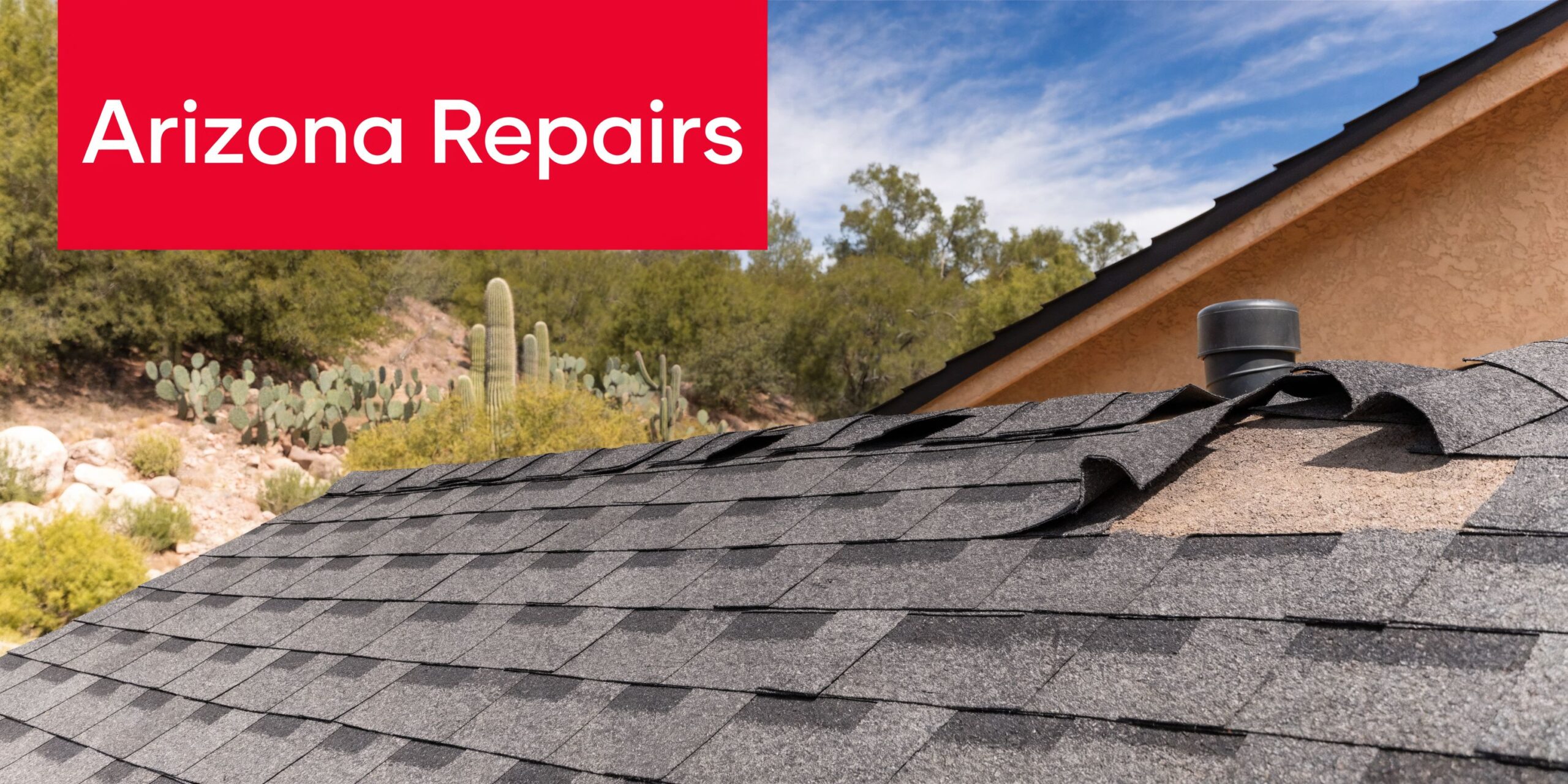 Damaged asphalt roof shingles on a house roof requiring professional repair services in Arizona