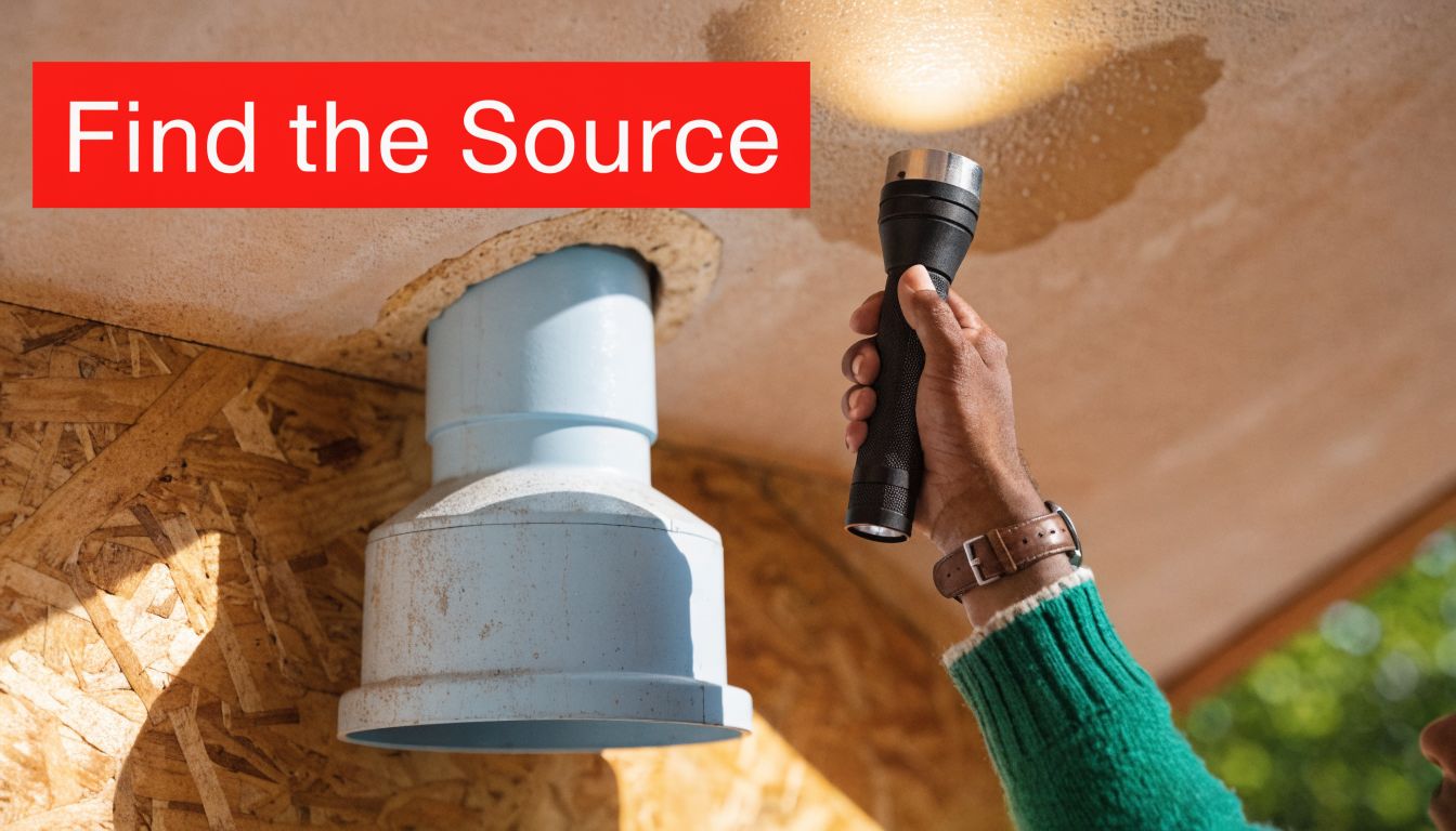 A person using a flashlight to inspect a potential roof vent leak from the inside of an attic.