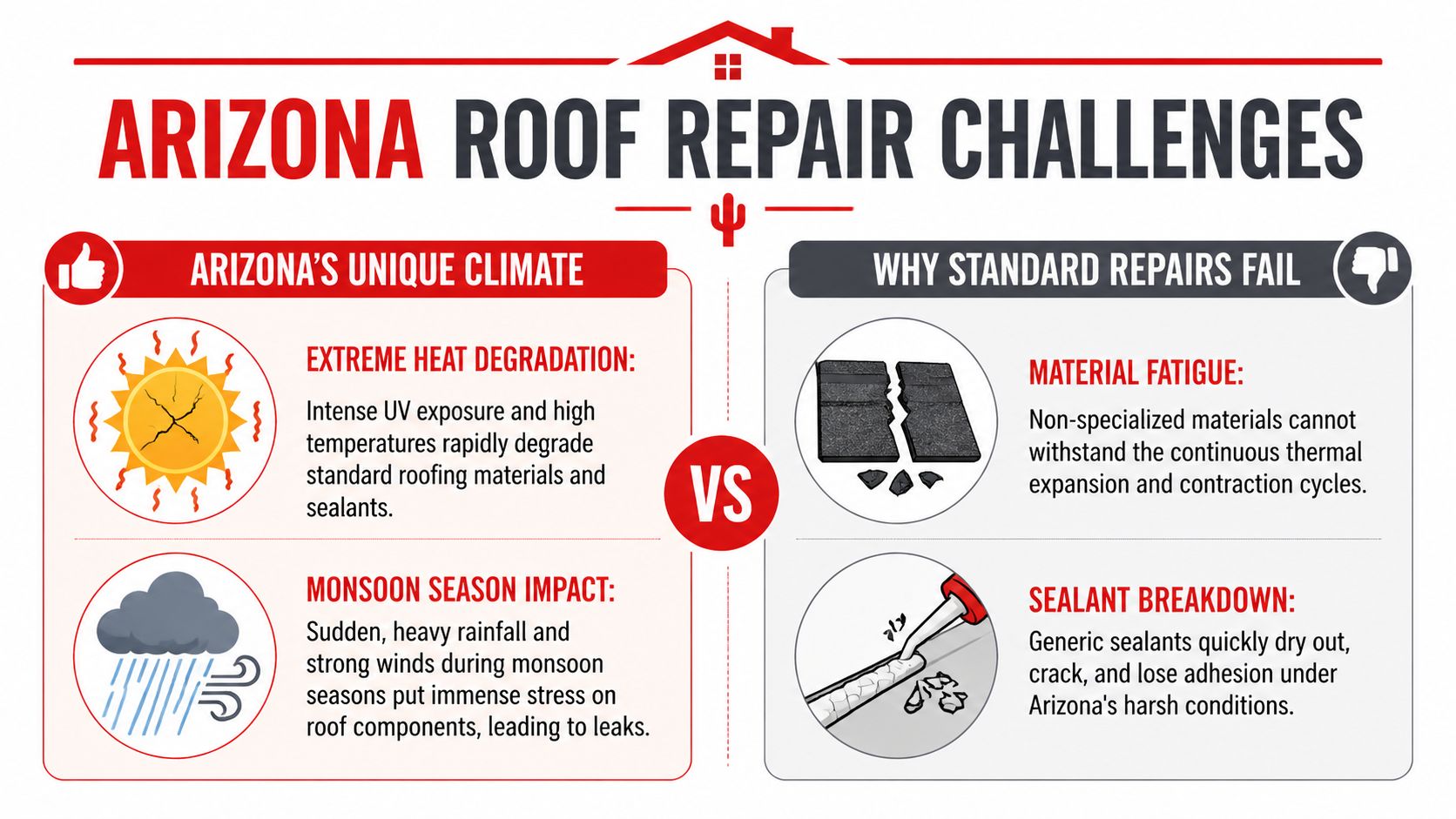 An infographic titled Arizona Roof Repair Challenges explaining climate impact and reasons why standard roof repairs fail.