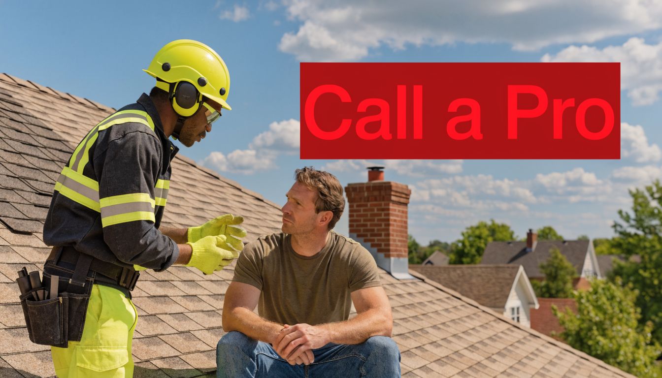 A professional roofer in safety gear discussing repair work with a homeowner on a residential roof.