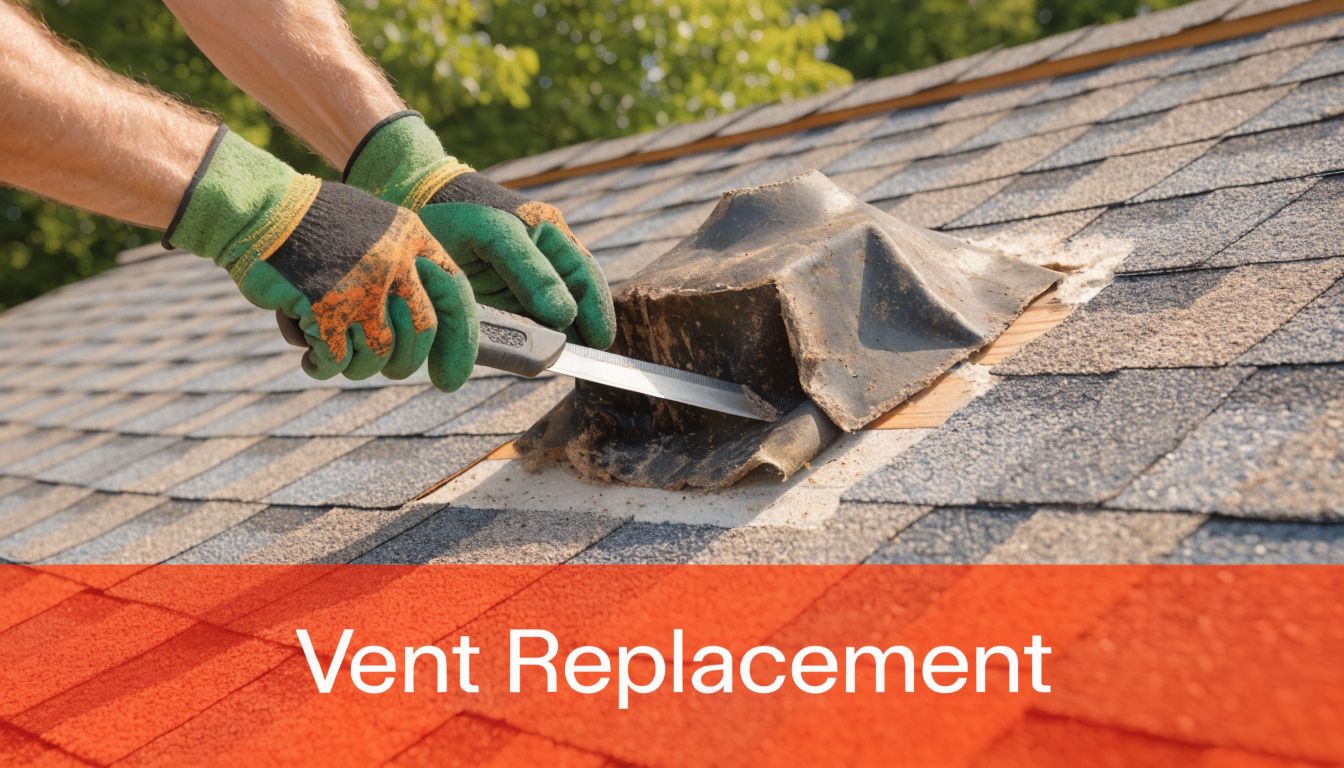 A professional construction worker uses a utility knife to repair a damaged roof vent on shingles.