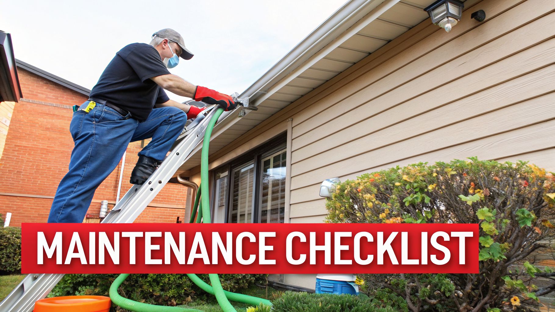 A person on a ladder cleaning a house gutter with a hose, wearing a mask and gloves.