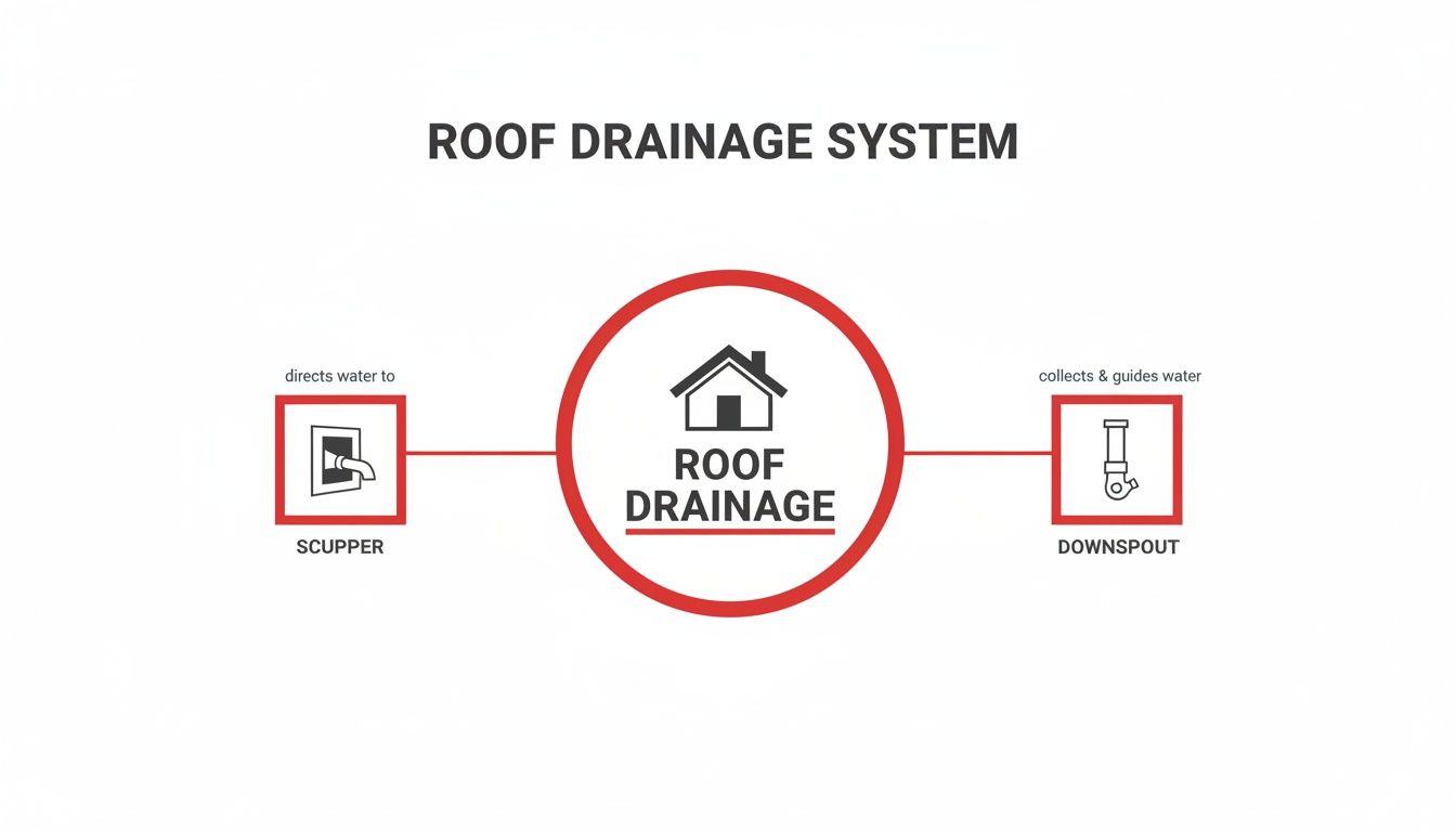 An infographic explaining a roof drainage system, detailing the functions of scuppers and downspouts.