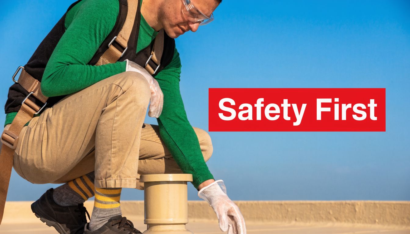 A construction worker wearing safety gear and gloves kneeling on a rooftop, preparing to seal a vent.
