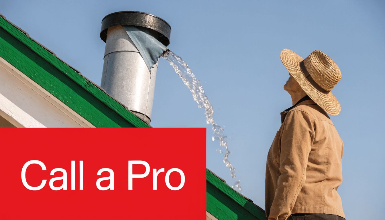 A person in a straw hat looking at water leaking from a roof vent pipe.