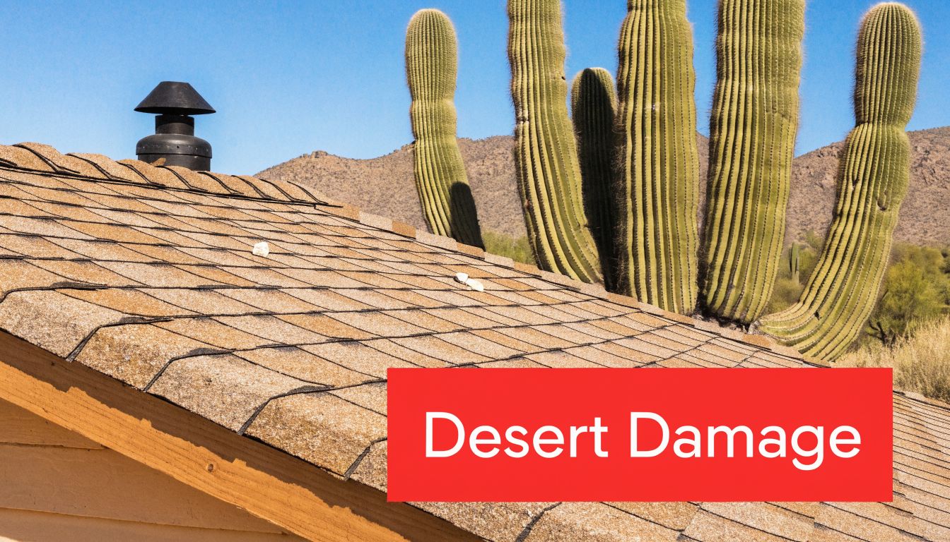 A shingled roof with a chimney next to giant saguaro cacti under a clear blue desert sky.