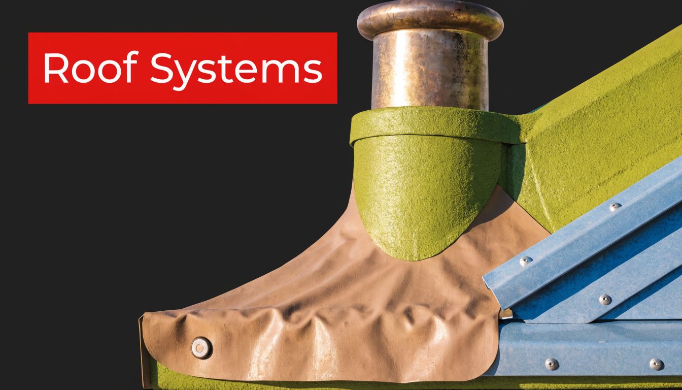 A close-up view of a metal roof flashing system around a chimney with text overlay.