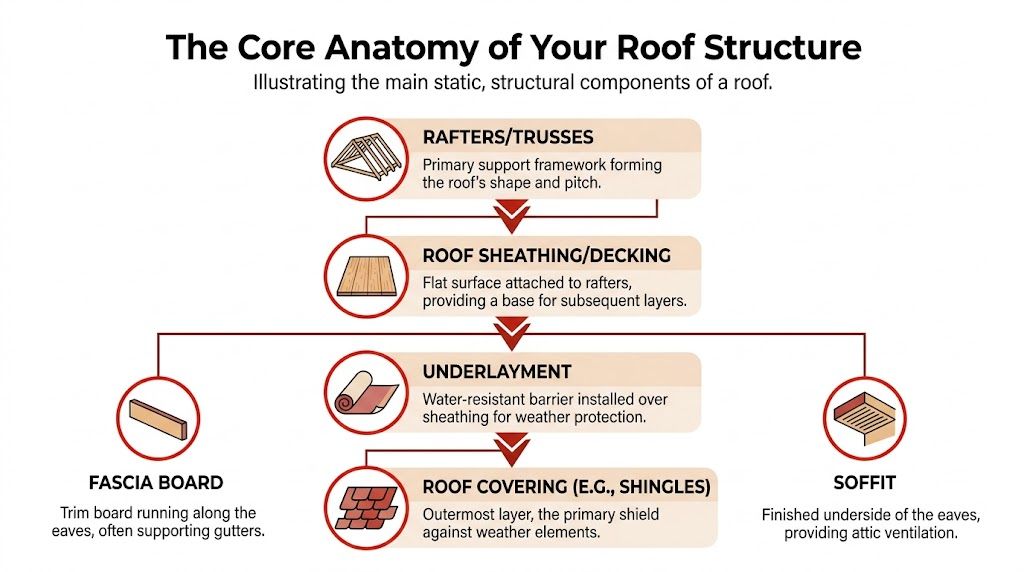 A diagram illustrating the core anatomy and structural components of a residential roof system.