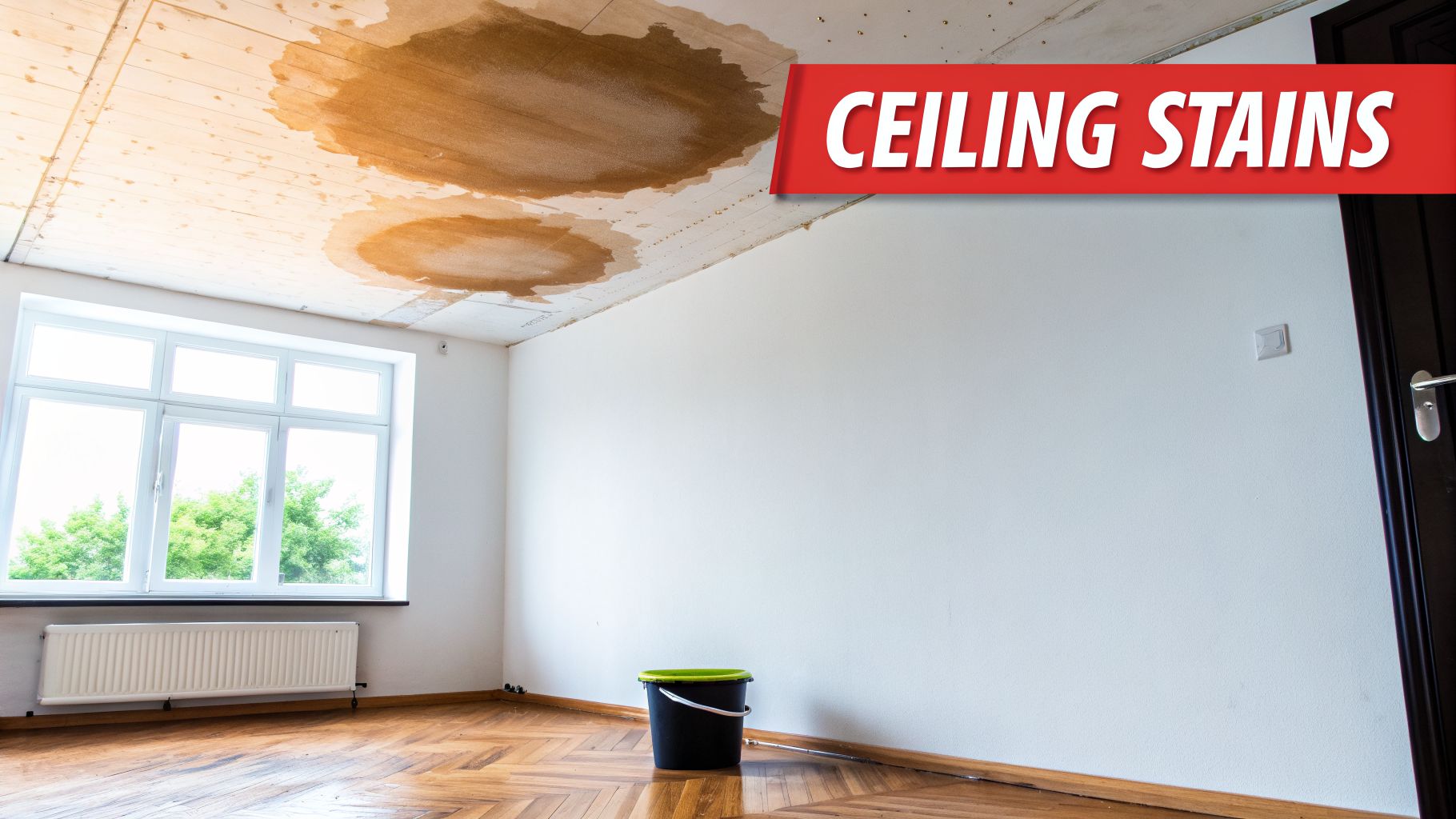 A room with a water-damaged wooden ceiling showing large brown stains, and a bucket on the floor.