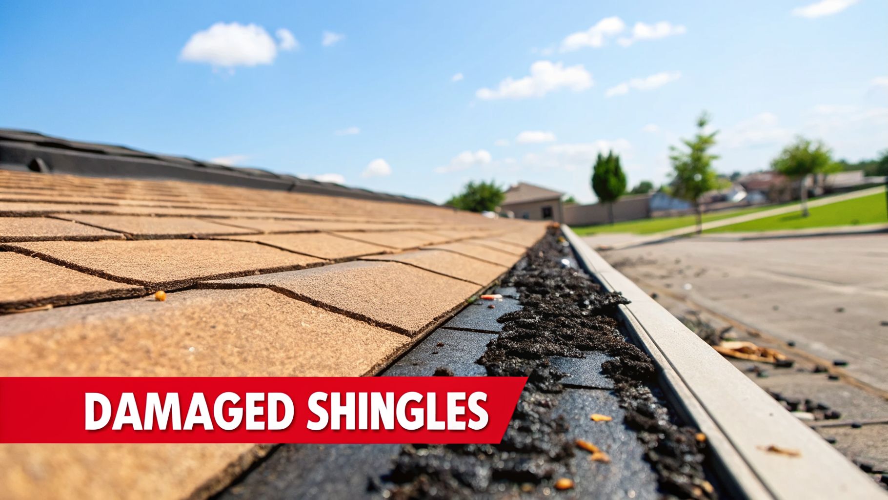 A close-up view of a residential roof showing damaged tan shingles and a dirty, debris-filled gutter.