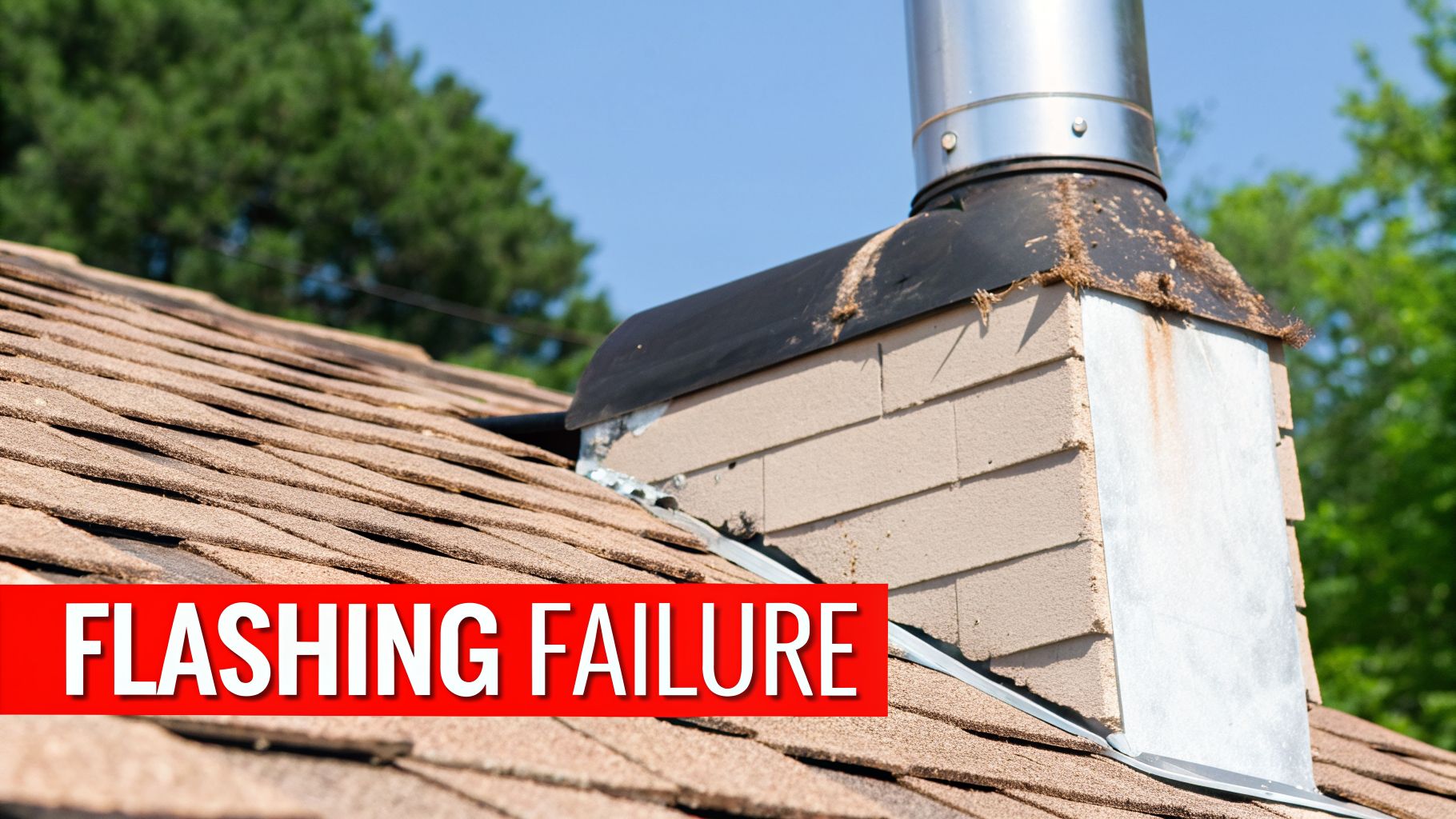 Close-up of a residential roof showing a chimney with failed metal flashing and water damage.