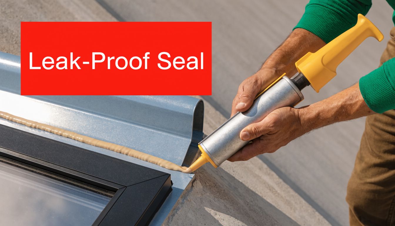 A construction worker applying a bead of silicone sealant along the edge of a skylight roof window.