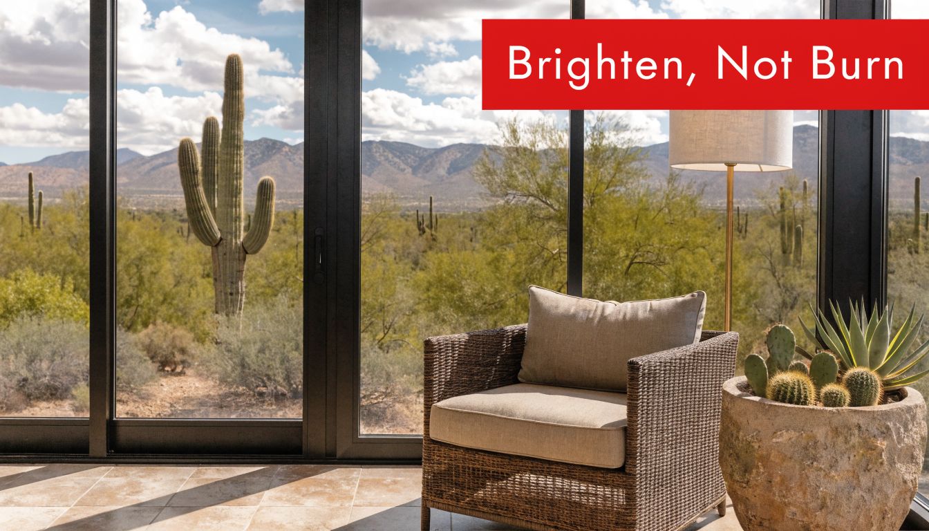 A cozy armchair sits next to a glass wall overlooking a sunny Arizona desert landscape with cacti.
