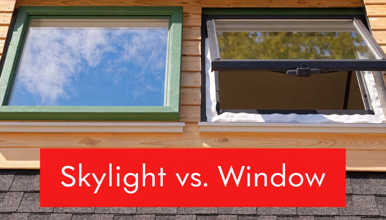 A side-by-side comparison of a green-framed closed skylight and an open black-framed roof window on a roof.