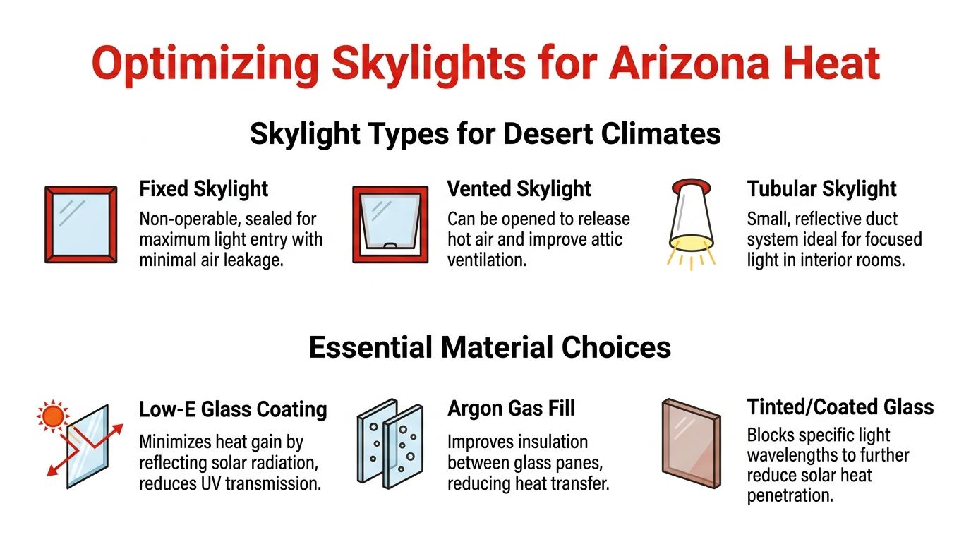 An infographic showing different types of skylights and essential material choices for optimizing them for desert climates.