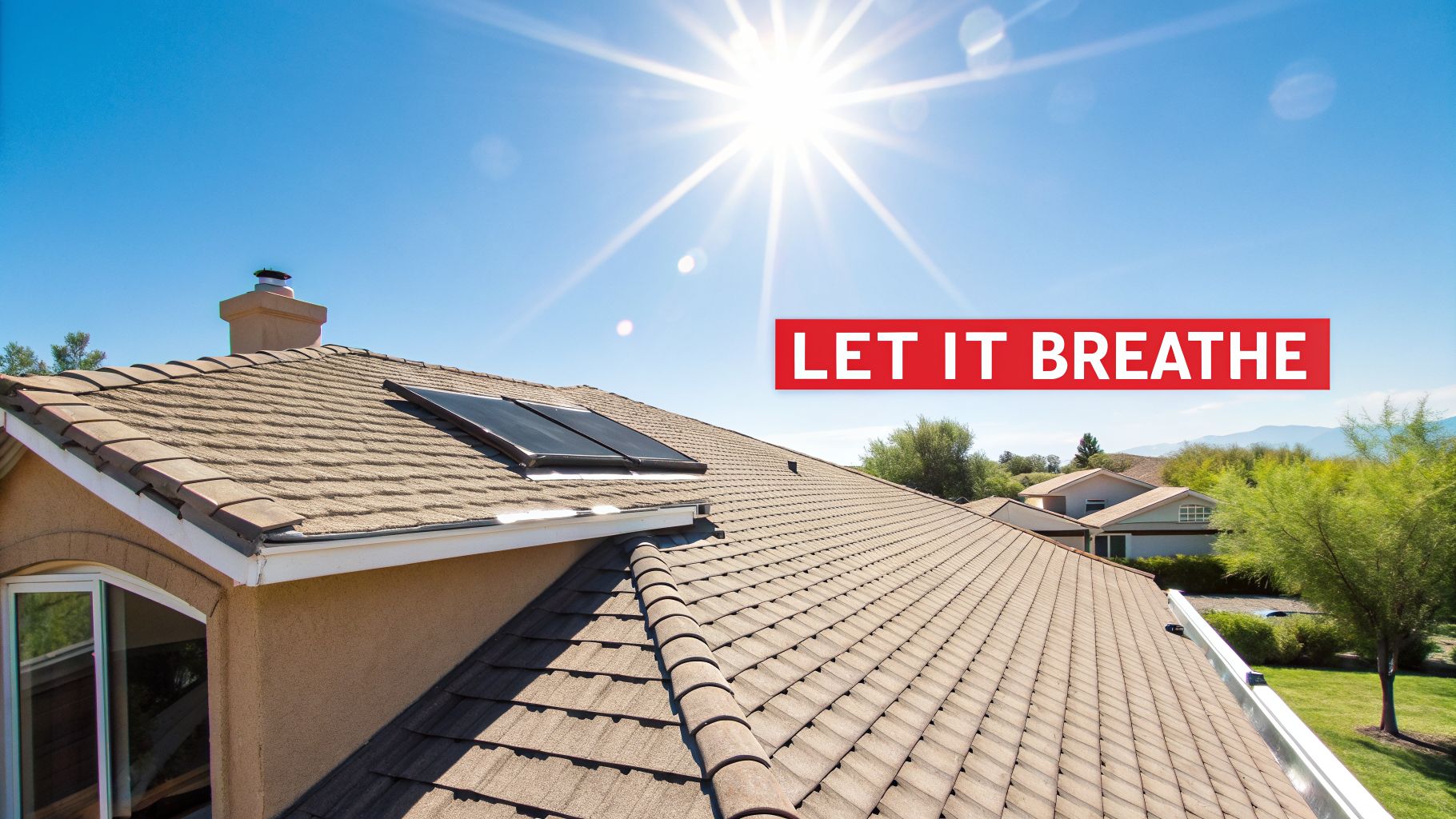 Sunny sky over a house roof with solar panels and a chimney, featuring 'LET IT BREATHE' text.