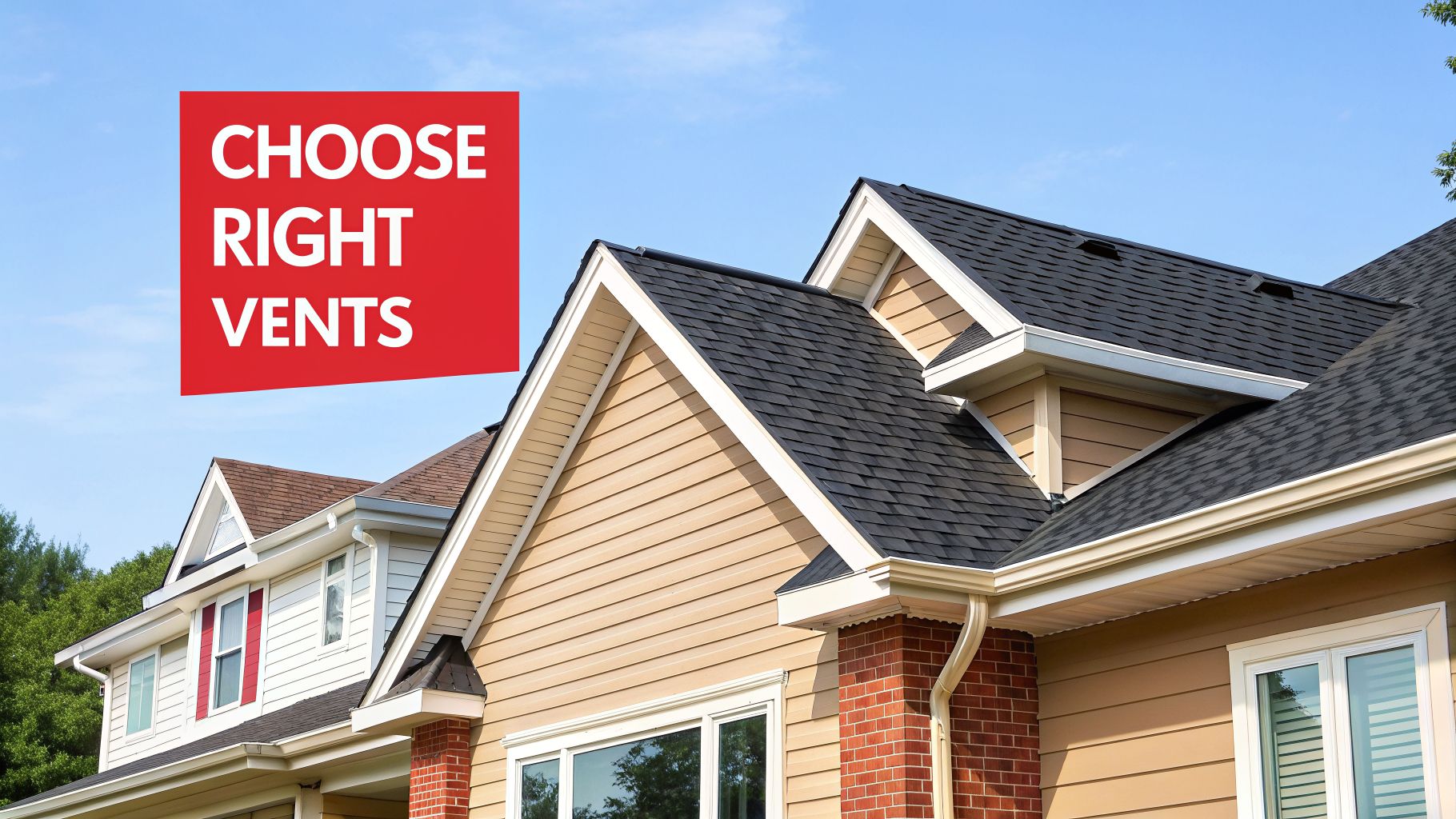 Residential houses with black shingle roofs under a blue sky, featuring a 'CHOOSE RIGHT VENTS' sign.