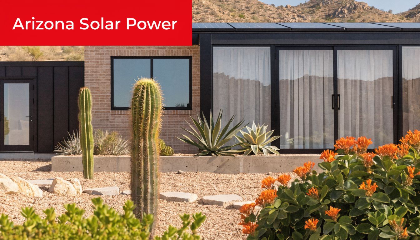 A modern home in Arizona featuring solar panels on the roof surrounded by desert landscaping and cacti.